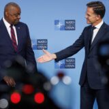 epa11664428 US Secretary of Defense Lloyd J. Austin III (L) and NATO Secretary General Mark Rutte address a joint press conference during the North Atlantic Treaty Organisation (NATO) Defense Ministers Council at the NATO Headquarters in Brussels, Belgium, 17 October 2024. Allied Defense Ministers meet in Brussels on 17-18 October 2024.  EPA/OLIVIER MATTHYS