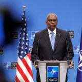 epa11666611 US Secretary of Defense Lloyd J. Austin III speaks during a press conference concluding the North Atlantic Treaty Organisation (NATO) Defense Ministers Council at NATO Headquarters in Brussels, Belgium, 18 October 2024. Allied Defence Ministers meet at NATO Headquarters in Brussels on 17 and 18 October 2024.  EPA/OLIVIER MATTHYS