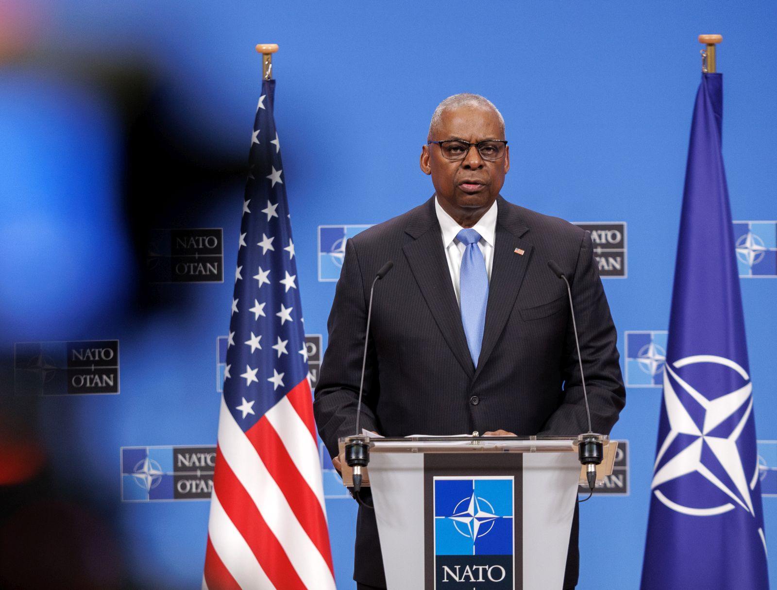 epa11666611 US Secretary of Defense Lloyd J. Austin III speaks during a press conference concluding the North Atlantic Treaty Organisation (NATO) Defense Ministers Council at NATO Headquarters in Brussels, Belgium, 18 October 2024. Allied Defence Ministers meet at NATO Headquarters in Brussels on 17 and 18 October 2024.  EPA/OLIVIER MATTHYS