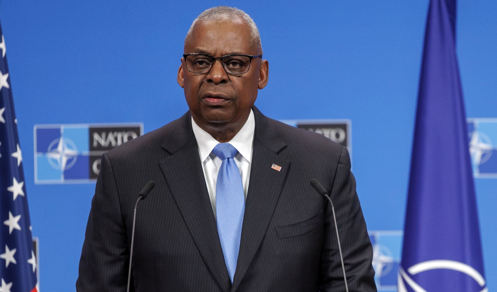 epa11666613 US Secretary of Defense Lloyd J. Austin III speaks during a press conference concluding the North Atlantic Treaty Organisation (NATO) Defense Ministers Council at NATO Headquarters in Brussels, Belgium, 18 October 2024. Allied Defence Ministers meet at NATO Headquarters in Brussels on 17 and 18 October 2024.  EPA/OLIVIER MATTHYS