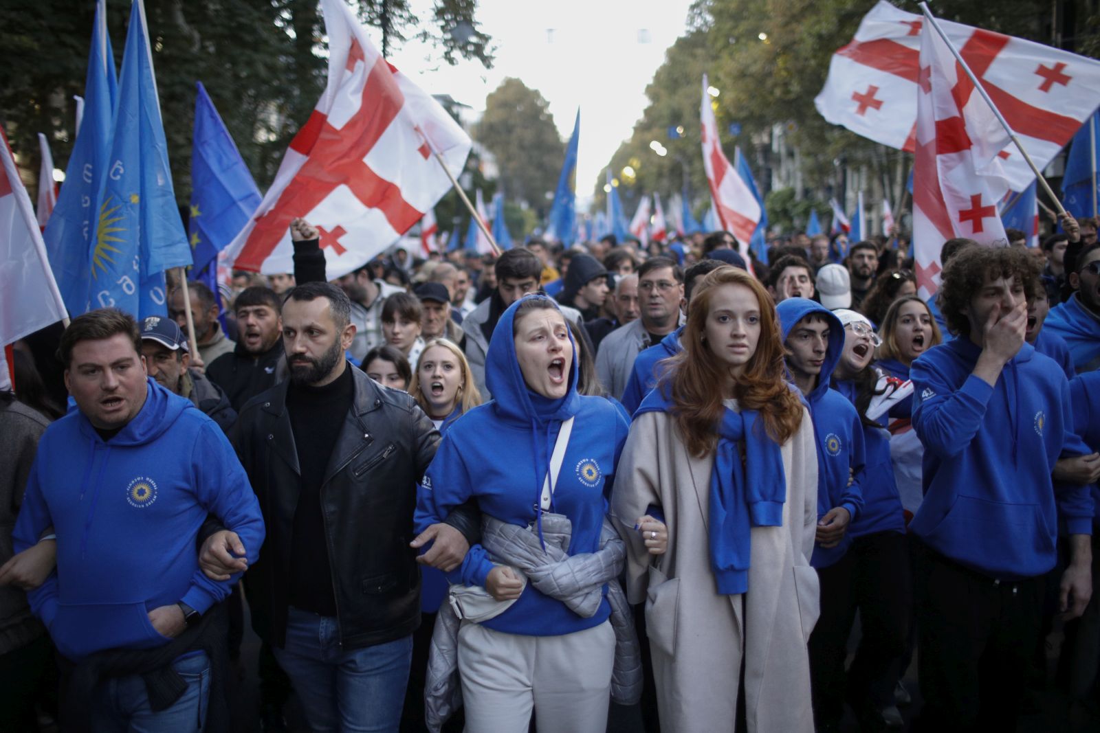 epa11677957 People participate in a pre-election rally for the Georgian Dream party in Tbilisi, Georgia, 23 October 2024. Parliamentary elections in Georgia will be held on October 26.  EPA/DAVID MDZINARISHVILI