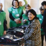 epa11684080 Georgian President Salome Zourabichvili casts her ballot at a polling station during parliamentary elections in Tbilisi, Georgia, 26 October 2024. A total of 18 parties are participating in the parliamentary elections in Georgia. Three thousand, one hundred and eleven polling stations opened for the parliamentary elections, including 67 abroad. Voting abroad will be possible in 53 cities in 42 countries.  EPA/DAVID MDZINARISHVILI