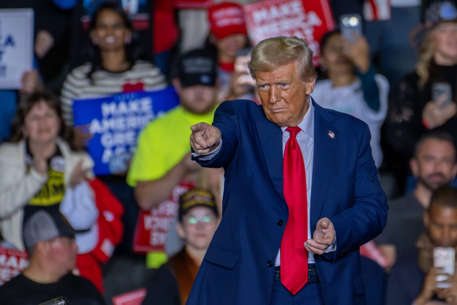 epa11691591 Former US President and Republican Presidential Candidate Donald J. Trump gestures during a campaign rally in Allentown, Pennsylvania, USA, October 29, 2024. Trump is running against Democratic US Vice President Kamala Harris in the presidential election on 05 November 2024.  EPA/DAVID MUSE