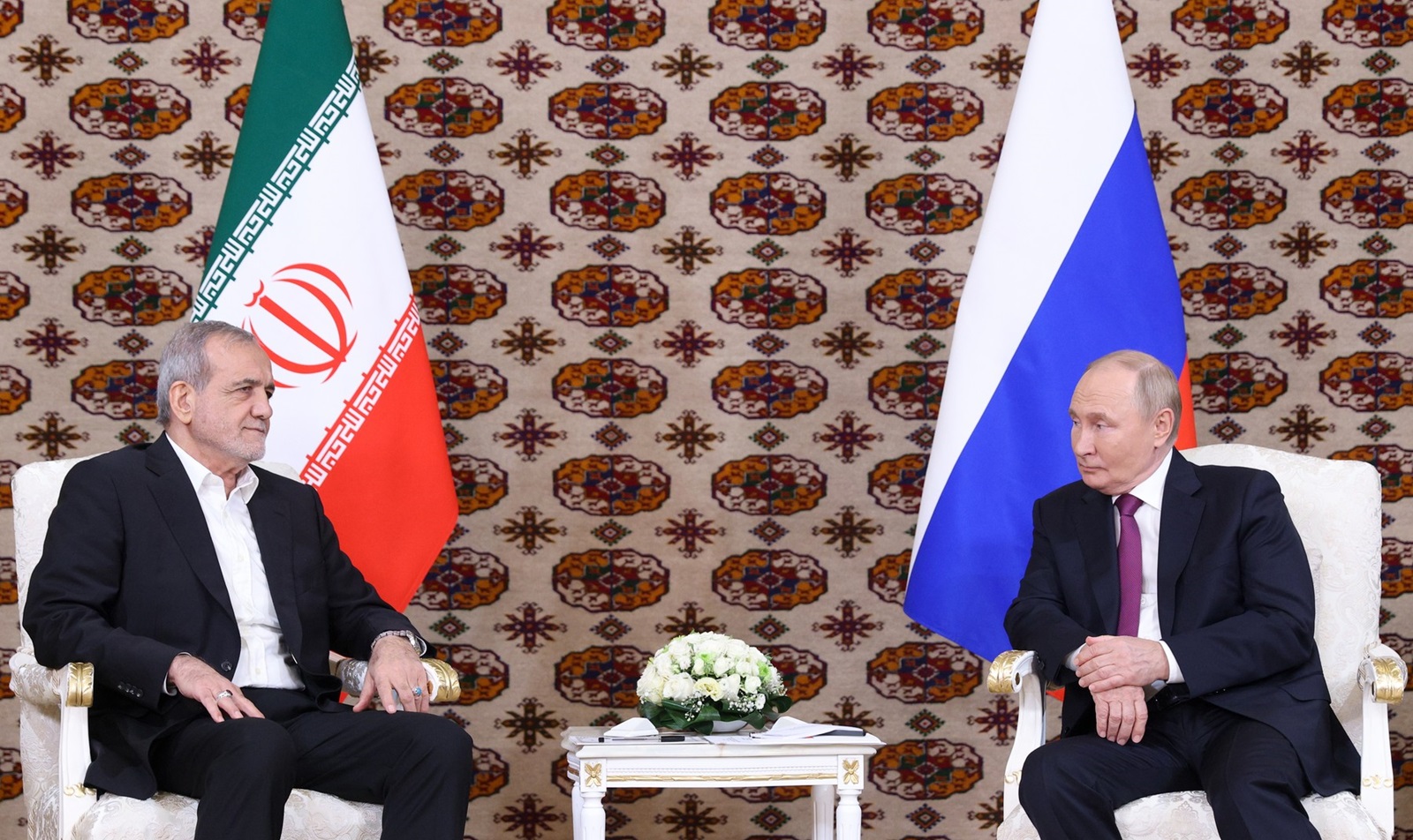 TURKMENISTAN, ASHGABAT - OCTOBER 11, 2024: Iran's President Masoud Pezeshkian and his Russian counterpart Vladimir Putin hold a meeting. Alexander Shcherbak/TASS,Image: 919731168, License: Rights-managed, Restrictions: , Model Release: no, Credit line: Alexander Shcherbak / TASS / Profimedia