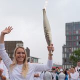 Former US skier Lindsey Vonn carries the Olympic torch in the Olympic Village in Paris on July 26, 2024, ahead of the Paris 2024 Olympic Games.,Image: 892586647, License: Rights-managed, Restrictions: , Model Release: no, Credit line: David Goldman / AFP / Profimedia