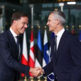 epa11634721 Former Dutch Prime Minister Mark Rutte (L) and Jens Stoltenberg shake hands on the day Rutte succeeds Stoltenberg as NATO Secretary General, at the Alliance headquarters in Brussels, Belgium, 01 October 2024. Former Dutch Prime Minister Mark Rutte succeeds Jens Stoltenberg as Secretary General of the North Atlantic Treaty Organization (NATO) on 01 October 2024 after the latter's ten years at the helm of the Alliance.  EPA/OLIVIER HOSLET