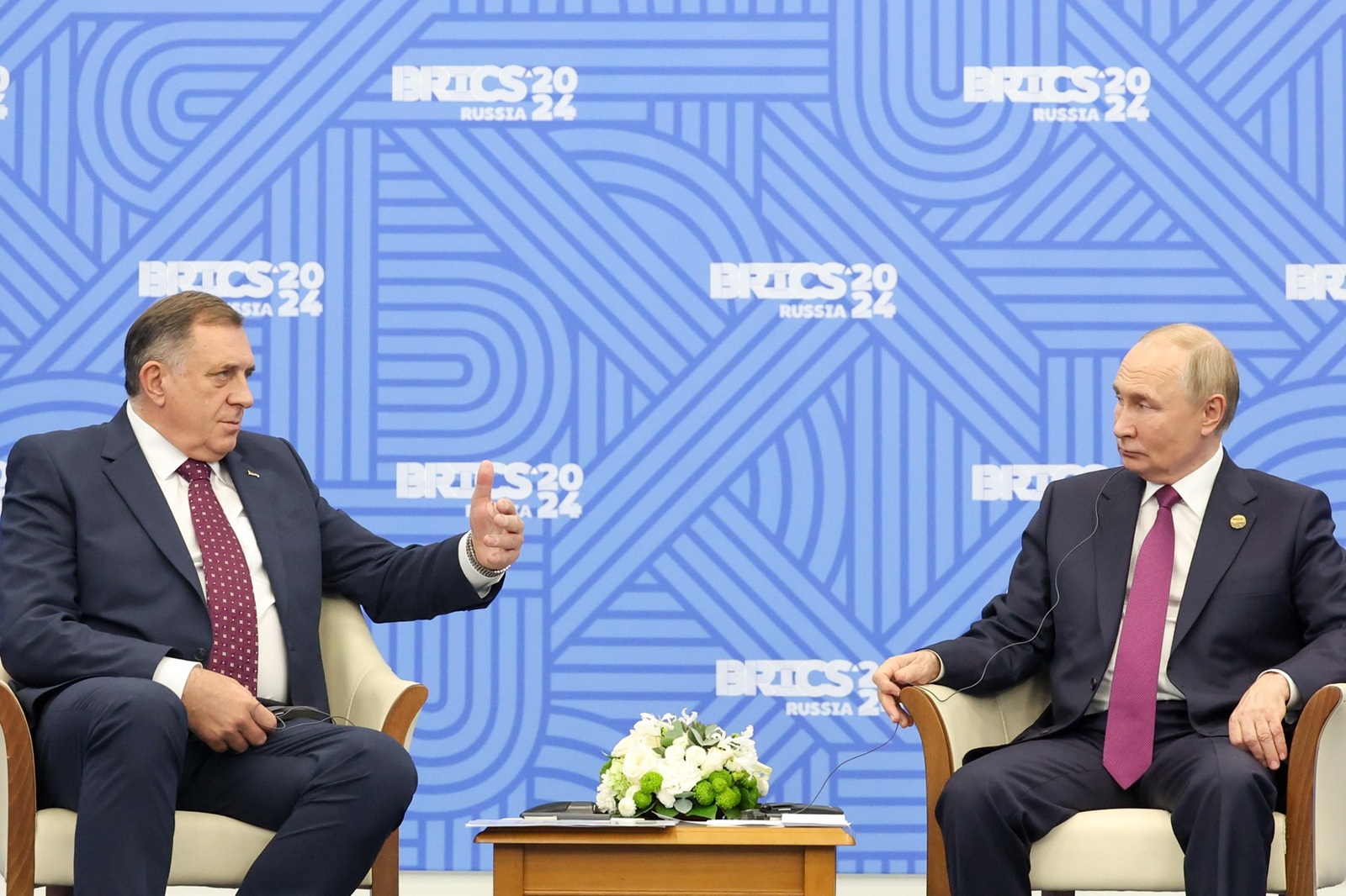 RUSSIA, REPUBLIC OF TATARSTAN - OCTOBER 25, 2024: Milorad Dodik, President of Republika Srpska, and his Russian counterpart Vladimir Putin hold a meeting on the sidelines of the 2024 BRICS Summit at the Kazan Expo International Exhibition Centre in Bolshiye Kabany, southeast of Kazan. Alexander Kazakov/Russian Presidential Press and Information Office/TASS,Image: 926090807, License: Rights-managed, Restrictions: , Model Release: no, Credit line: Alexander Kazakov / TASS / Profimedia