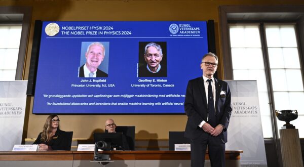 epa11648725 Professor Anders Irback speaks at a press conference at the Royal Swedish Academy of Sciences after announcing the winners of the 2024 Nobel Prize in Physics, in Stockholm, Sweden, 08 October 2024. The Royal Swedish Academy of Sciences has decided to award the Nobel Prize in Physics 2024 to John J. Hopfield and Geoffrey E. Hinton 'for foundational discoveries and inventions that enable machine learning with artificial neural networks', the Nobel statement reads.  EPA/Christine Olsson/TT  SWEDEN OUT