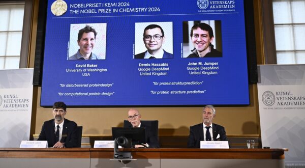 epa11650458 (L-R) Chairman of the Nobel Committee for Chemistry Heiner Linke, Secretary General of the Royal Swedish Academy of Sciences Hans Ellegren, and member of the Nobel Committee for Chemistry Johan Aqvist announce the winners of the 2024 Nobel Prize in Chemistry, at the Royal Swedish Academy in Stockholm, Sweden, 09 October 2024. The Royal Swedish Academy of Sciences has decided to award the Nobel Prize in Chemistry 2024 to David Baker (University of Washington, USA) for computational protein design, and to Demis Hassabis (Google DeepMind, UK) and John M Jumper (Google DeepMind, UK) for protein structure prediction, the Nobel statement says.  EPA/Christine Olsson/TT  SWEDEN OUT