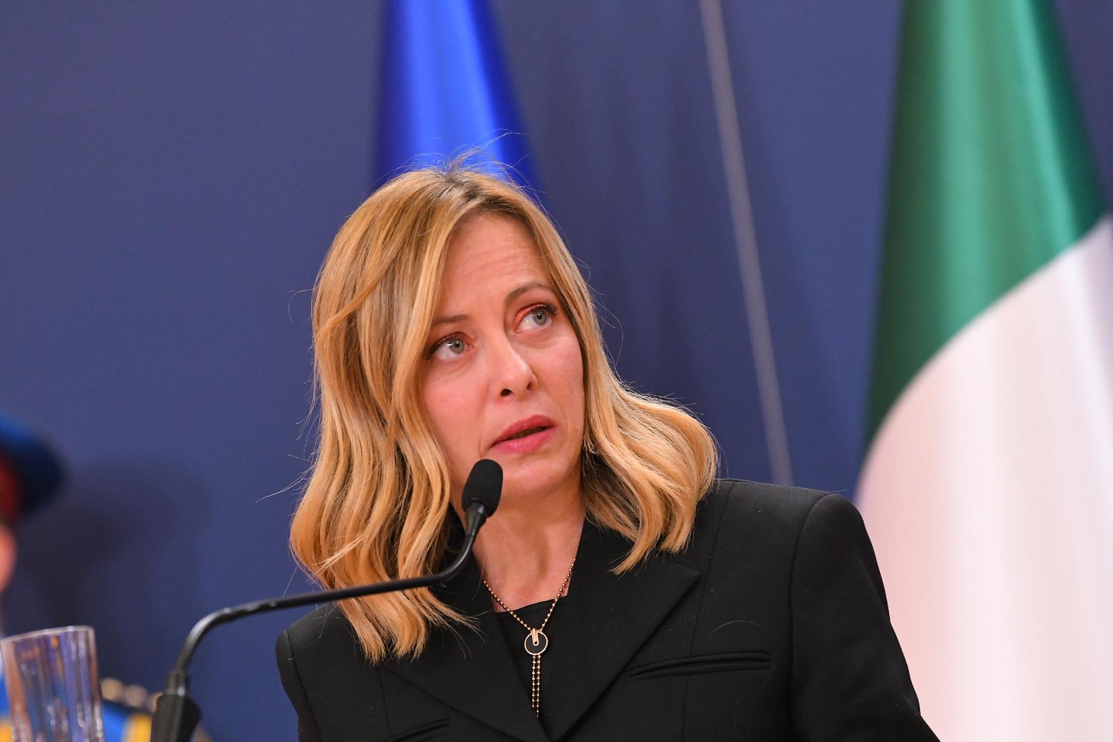 03, December, 2023, Belgrade - Visit of the Prime Minister of Italy, Giorgia Meloni, on her visit to Serbia. Press conference. Giorigia Meloni, Aleksandar Vucic. Photo: A. H./ATAImages

03, decembar, 2023, Beograd - Poseta predsednice Vlade Italije Djordje Meloni (Giorgia Meloni) u poseti Srbiji. Photo: A. H./ATAImages Photo: A.H./ATAImages/PIXSELL