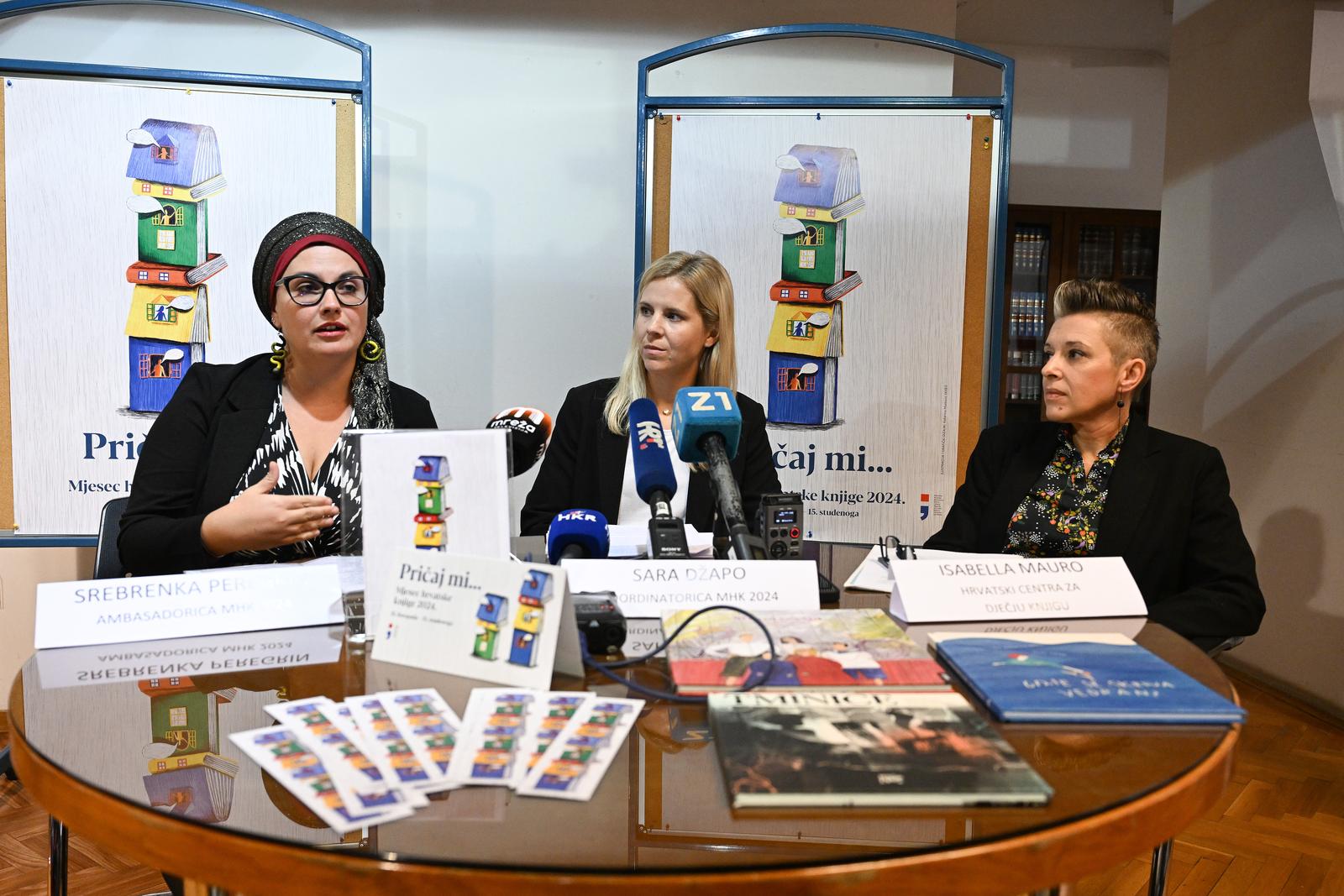 04.10.2024., Zagreb - U Gradskoj knjiznici odrzana je konferencija za medije u povodu manifestacije Mjesec hrvatske knjige. Srebrenka Peregrin, Sara Dzapo, Isabella Mauro Photo: Davorin Visnjic/PIXSELL