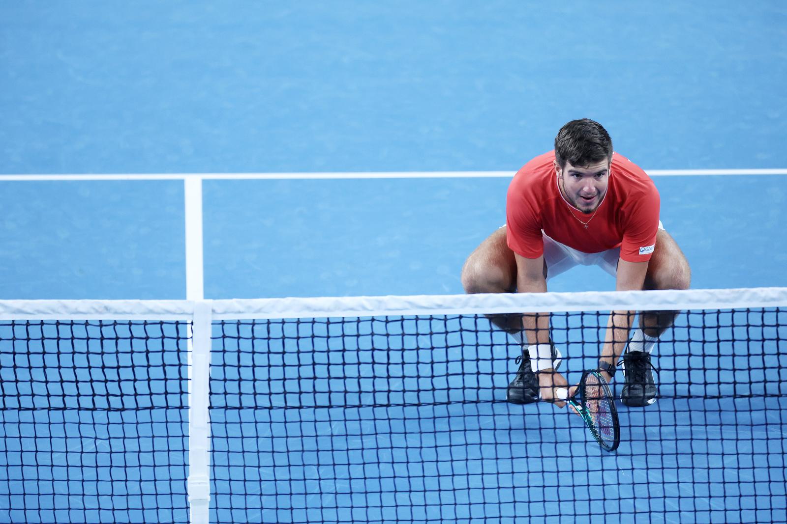 14.09.2024., Varazdin - Davis Cup Svjetska skupina I, susret Hrvatske i Litve. Mec parova izmedju Mate Pavica i Mili Poljicka protiv Edasa Butvilasa i Viliusa Gaubasa. Mili Poljicak Photo: Sanjin Strukic/PIXSELL