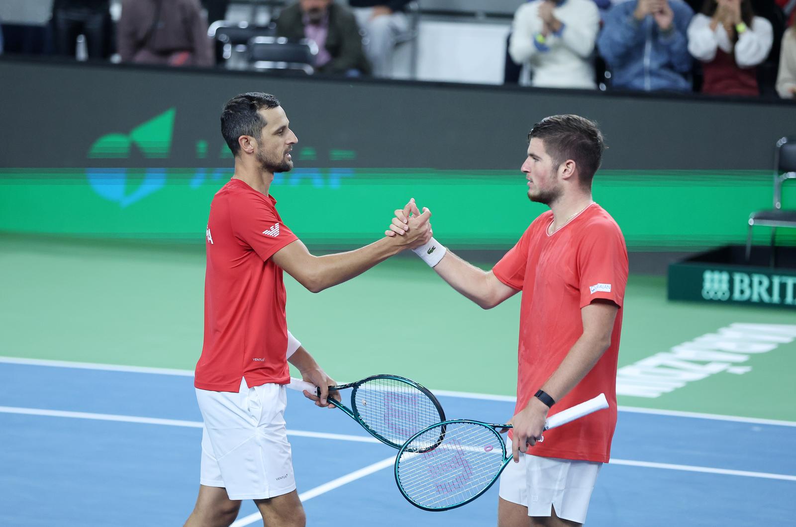 14.09.2024., Varazdin - Davis Cup Svjetska skupina I, susret Hrvatske i Litve. Mec parova izmedju Mate Pavica i Mili Poljicka protiv Edasa Butvilasa i Viliusa Gaubasa. Mate Pavic, Mili Poljicak Photo: Sanjin Strukic/PIXSELL