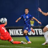 15.10.2024., Gradski stadion Ivan Kusek Apas, Koprivnica - Kvalifikacije za UEFA Europsko U-21 prvenstvo, skupina G, Hrvatska - Grcka. Lukas Kacavenda postize pogodak za vodstvo Hrvatske 1:0. Photo: Vjeran Zganec Rogulja/PIXSELL