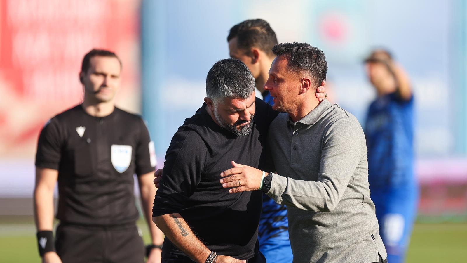 20.10.2024., Koprivnica- Gradski stadion Ivan Kusek Apas u Koprivnici. Slaven Belupo i Hajduk sastali su se u 10. kolu SuperSport HNL-a. Trener Hajduka Gennaro Gattuso i trener Slaven Belupa Kovacevic Mario  Photo: Slavko Midzor/PIXSELL