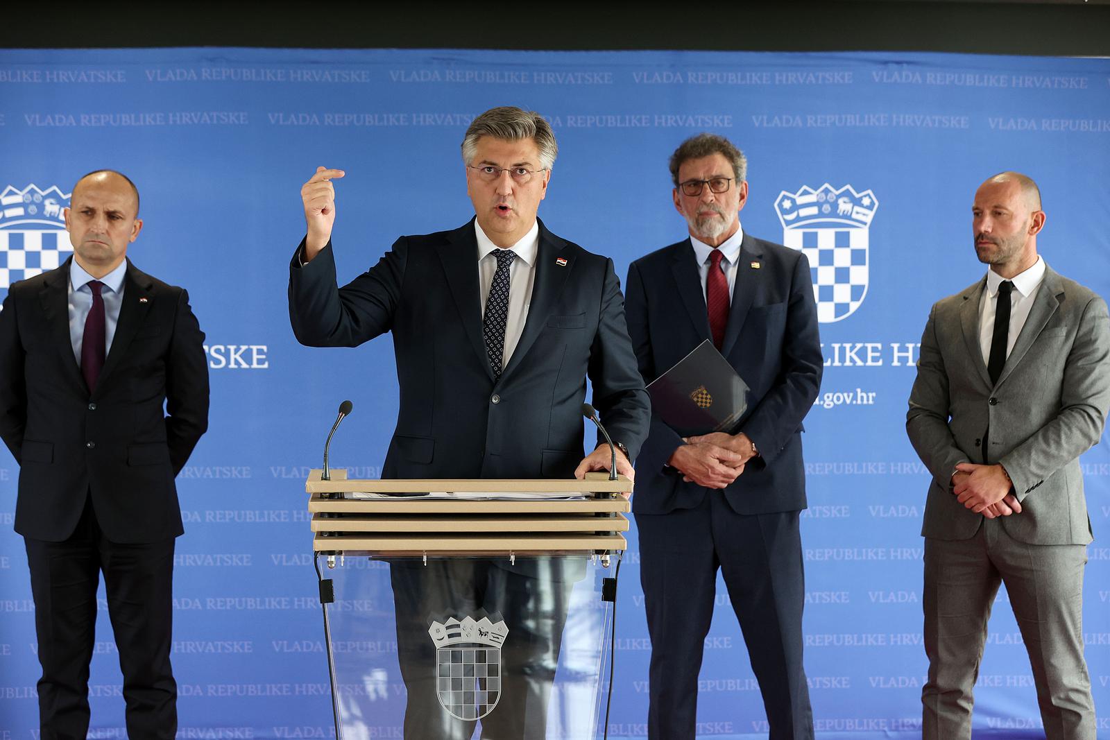 24.10.2024., Zagreb - 35. sjednica Vlade. Predsjednik Vlade Andrej Plenkovic nakon sjednice Vlade dao je izjavu okupljenim medijima. Ivan Anusic, Andrej Plenkovic, Radovan Fuchs, Damir Habijan. Photo: Goran Stanzl/PIXSELL