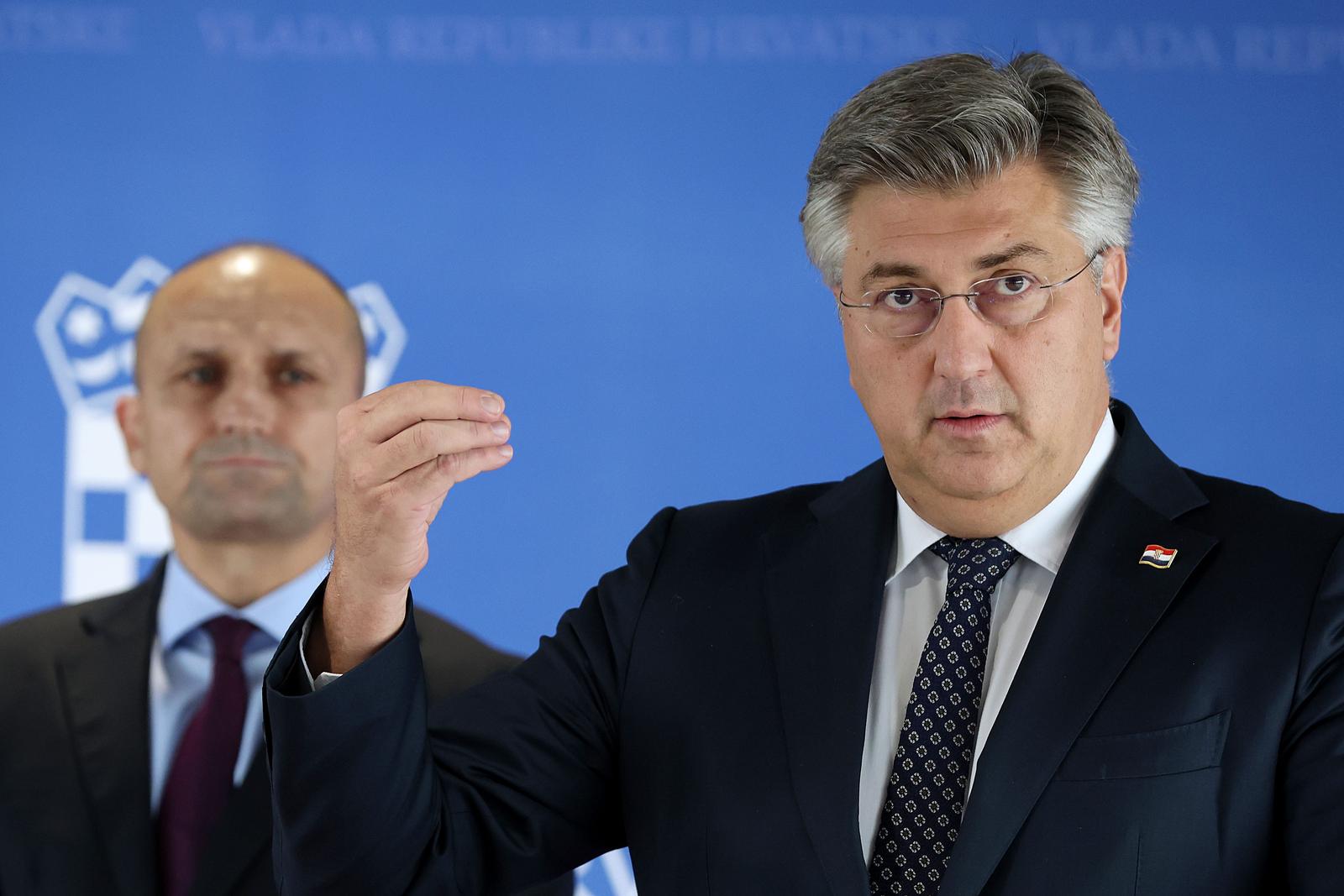 24.10.2024., Zagreb - 35. sjednica Vlade. Predsjednik Vlade Andrej Plenkovic nakon sjednice Vlade dao je izjavu okupljenim medijima. Ivan Anusic, Andrej Plenkovic, Radovan Fuchs, Damir Habijan. Photo: Goran Stanzl/PIXSELL