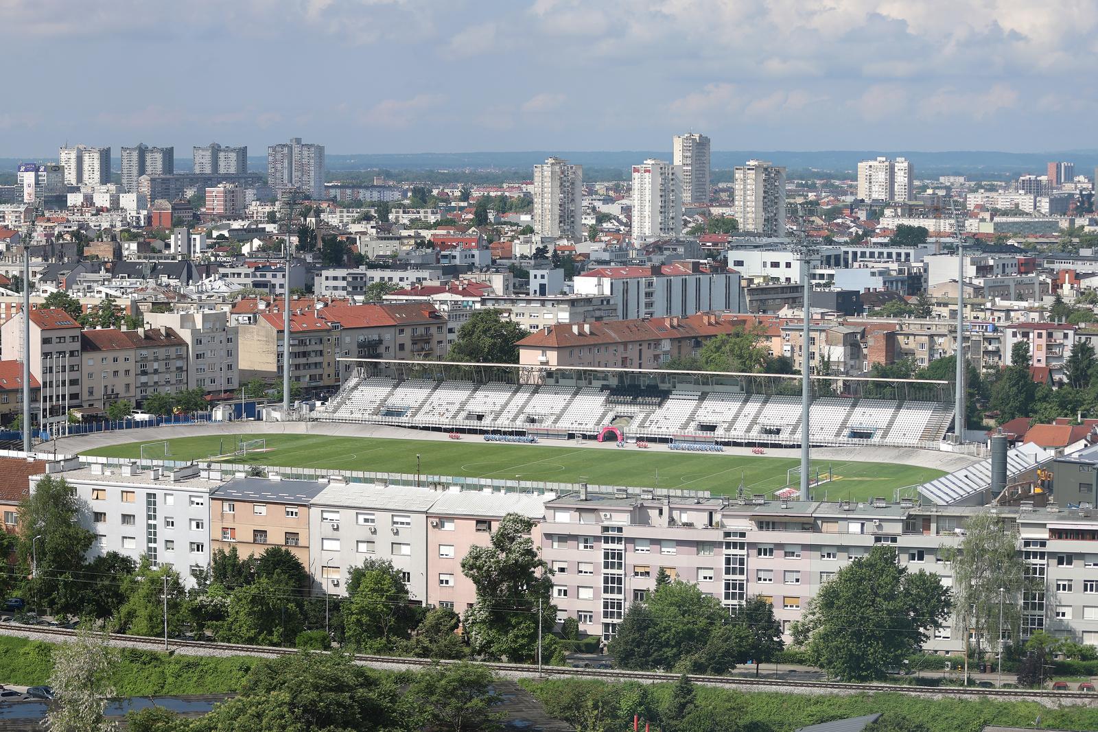 27.05.2024., Zagreb - Hotel Westin. Pogled na nogometni stadion (tribine, igraliste) u Kranjcevicevoj ulici sa 17 kata hotela Westin. Photo: Sanjin Strukic/PIXSELL