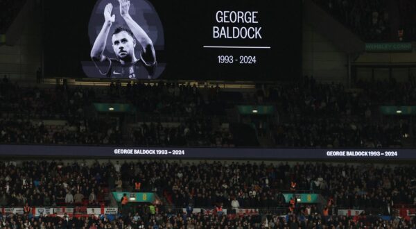 Soccer Football - UEFA Nations League - Group B2 - England v Greece - Wembley Stadium, London, Britain - October 10, 2024 General view of the big screen during a minutes silence in memory of George Baldock Action Images via Reuters/Paul Childs Photo: Paul Childs/REUTERS