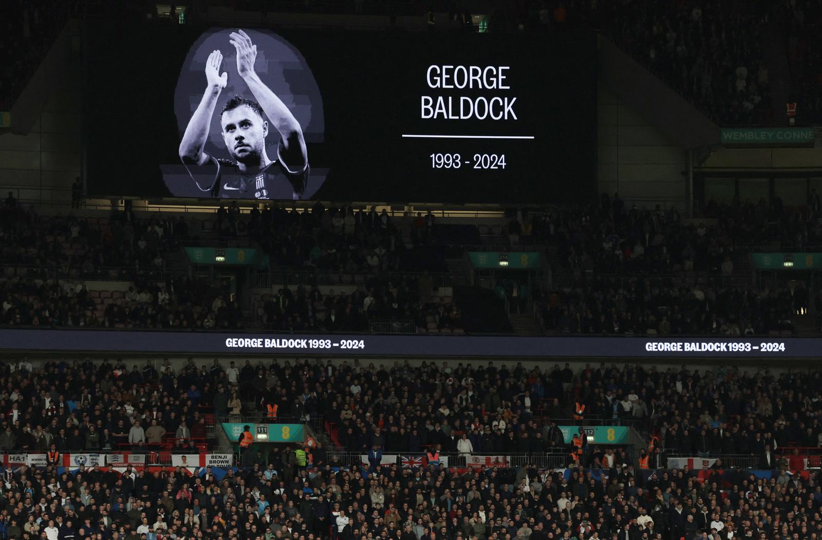 Soccer Football - UEFA Nations League - Group B2 - England v Greece - Wembley Stadium, London, Britain - October 10, 2024 General view of the big screen during a minutes silence in memory of George Baldock Action Images via Reuters/Paul Childs Photo: Paul Childs/REUTERS