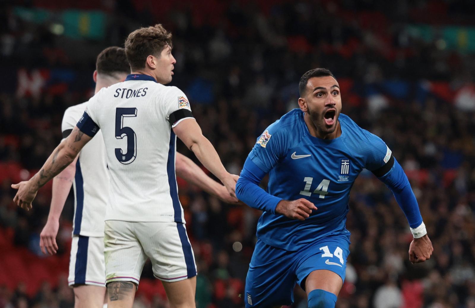 Soccer Football - UEFA Nations League - Group B2 - England v Greece - Wembley Stadium, London, Britain - October 10, 2024 Greece's Vangelis Pavlidis celebrates scoring their first goal Action Images via Reuters/Paul Childs Photo: Paul Childs/REUTERS