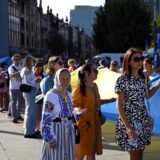 Members of the Ukrainian diaspora unfurl a 100-metre Ukrainian flag to mark the Independence Day of Ukraine in Katowice, Silesian region, on August 24, 2024.,Image: 901257739, License: Rights-managed, Restrictions: , Model Release: no, Credit line: Sergei GAPON / AFP / Profimedia