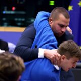 Security officers intercept a man disrupting the press conference of Hungary's Prime Minister Viktor Orban, on the sidelines of a plenary session at the European Parliament in Strasbourg, eastern France, on October 8, 2024. Hungary has followed the Netherlands in seeking an opt-out from EU rules on asylum, a minister has said, as the country's nationalist leader Viktor Orban headed to European Parliament on October 8.,Image: 918182382, License: Rights-managed, Restrictions: , Model Release: no, Credit line: FREDERICK FLORIN / AFP / Profimedia