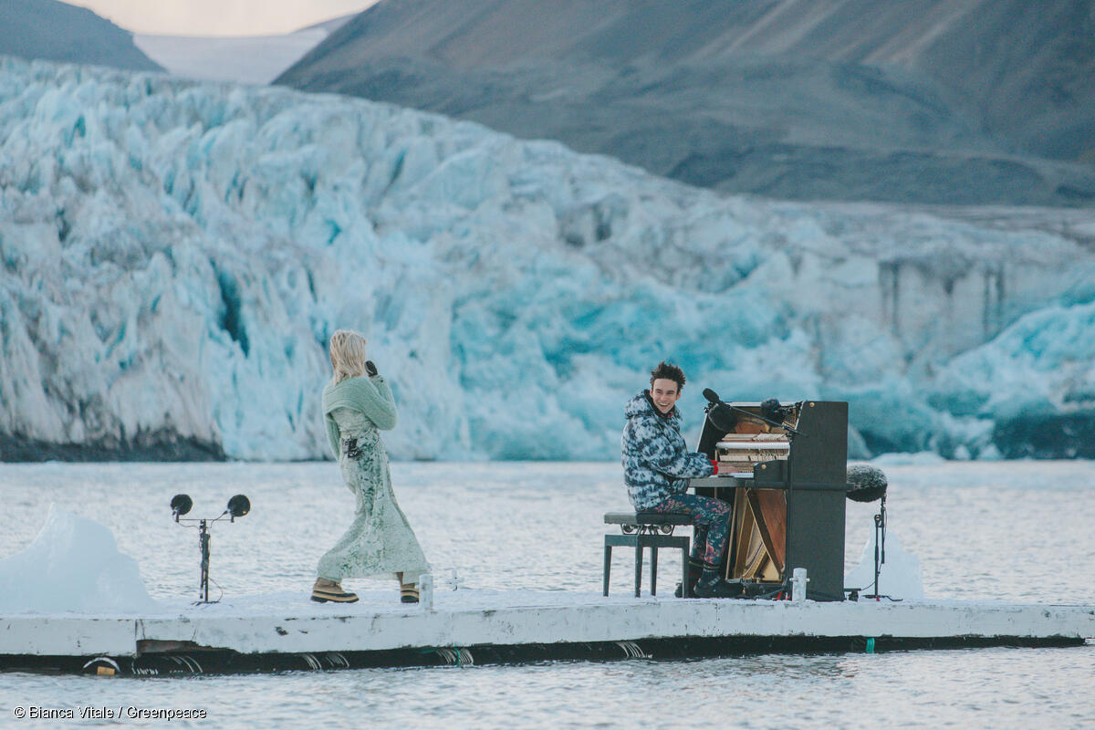 Singer songwriters Jacob Collier and AURORA join forces for the first time to perform a mash-up of their two songs, 'A Rock Somewhere' and 'The Seed'  in front of Sveabreen glacier in Svalbard.   The creative performance was delivered in partnership with Greenpeace International from the organisation’s ship Arctic Sunrise and aims to highlight the urgent need to protect the oceans and stop deep sea mining.