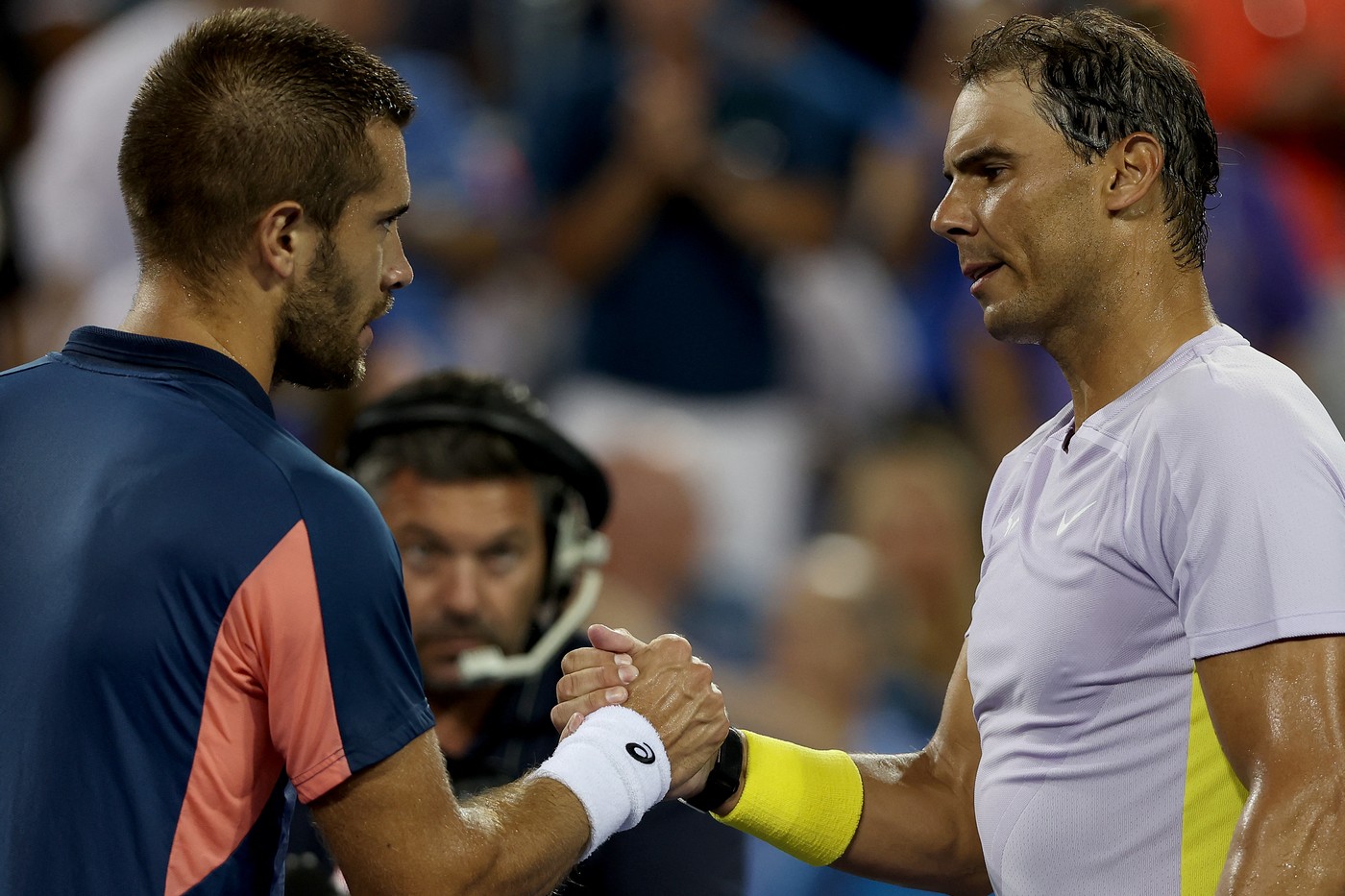 MASON, OHIO - AUGUST 17: Borna Coric of Croatia is congratulated by Rafael Nadal of Spain after their match during the Western & Southern Open at Lindner Family Tennis Center on August 17, 2022 in Mason, Ohio.   Matthew Stockman,Image: 714788805, License: Rights-managed, Restrictions: , Model Release: no, Credit line: MATTHEW STOCKMAN / Getty images / Profimedia