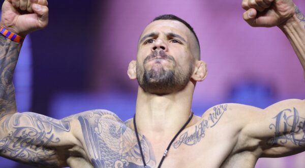 LAS VEGAS, NEVADA - APRIL 12: Aleksandar Rakic of Austria poses on the scale during the UFC 300 ceremonial weigh-in at MGM Grand Garden Arena on April 12, 2024 in Las Vegas, Nevada.   Carmen Mandato,Image: 864420422, License: Rights-managed, Restrictions: , Model Release: no, Credit line: Carmen Mandato / Getty images / Profimedia