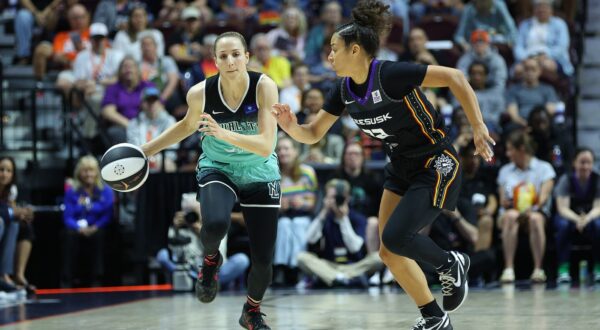 UNCASVILLE, CT - JUNE 08: New York Liberty guard Ivana Dojkic (18) and Connecticut Sun guard Veronica Burton (12) in action during a Commissioner's Cup WNBA game between New York Liberty and Connecticut Sun on June 8, 2024, at Mohegan Sun Arena in Uncasville, CT.,Image: 880216632, License: Rights-managed, Restrictions: FOR EDITORIAL USE ONLY. Icon Sportswire (A Division of XML Team Solutions) reserves the right to pursue unauthorized users of this image. If you violate our intellectual property you may be liable for: actual damages, loss of income, and profits you derive from the use of this image, and, where appropriate, the costs of collection and/or statutory damages up to $150,000 (USD)., Model Release: no, Credit line: Mingo Nesmith/Icon Sportswire / Newscom / Profimedia