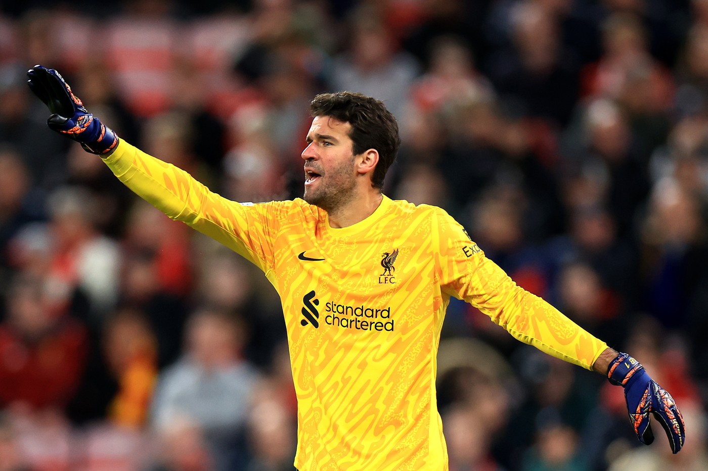 October 2, 2024, Liverpool: Liverpool, England, 2nd October 2024. Alisson Becker of Liverpool reacts during the UEFA Champions League match at Anfield, Liverpool.,Image: 915700606, License: Rights-managed, Restrictions: * United Kingdom Rights OUT *, Model Release: no, Credit line: Jessica Hornby / Zuma Press / Profimedia