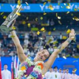 WUHAN, Oct. 13, 2024  -- Aryna Sabalenka celebrates during the awarding ceremony of women's singles final match between Zheng Qinwen of China and Aryna Sabalenka of Belarus at the 2024 Wuhan Open tennis tournament in Wuhan, central China's Hubei Province, Oct. 13, 2024.,Image: 920503345, License: Rights-managed, Restrictions: , Model Release: no, Credit line: Du Zixuan / Xinhua News / Profimedia