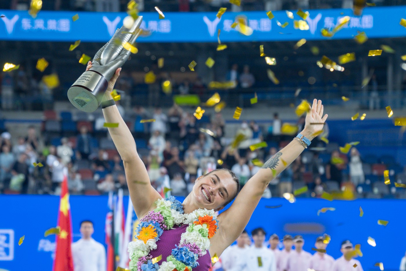 WUHAN, Oct. 13, 2024  -- Aryna Sabalenka celebrates during the awarding ceremony of women's singles final match between Zheng Qinwen of China and Aryna Sabalenka of Belarus at the 2024 Wuhan Open tennis tournament in Wuhan, central China's Hubei Province, Oct. 13, 2024.,Image: 920503345, License: Rights-managed, Restrictions: , Model Release: no, Credit line: Du Zixuan / Xinhua News / Profimedia