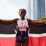 CHICAGO, ILLINOIS - OCTOBER 13: Ruth Chepngetich of Kenya celebrates after crossing the finish line to win the 2024 Chicago Marathon professional women's division and set a new world record with a time of 2:09:56 at Grant Park on October 13, 2024 in Chicago, Illinois.   Michael Reaves,Image: 920526838, License: Rights-managed, Restrictions: , Model Release: no, Credit line: Michael Reaves / Getty images / Profimedia