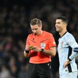 Portugal's forward #07 Cristiano Ronaldo (R) talks to the referee during the UEFA Nations League, League A Group A1 football match between Scotland and Portugal at Hampden Park Stadium in Glasgow, on October 15, 2024.,Image: 921551119, License: Rights-managed, Restrictions: , Model Release: no, Credit line: ANDY BUCHANAN / AFP / Profimedia