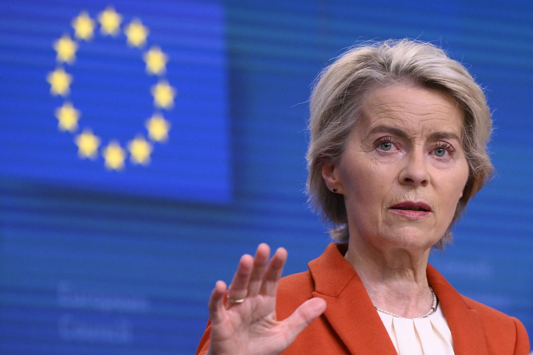 European Commission President Ursula von der Leyen gestures as he addresses a closing press conference with European Council President at the end of an EU summit in Brussels on October 17, 2024. EU leaders on October 17, 2024, called on the European Commission to come up with new laws to increase and speed up migrant returns "as a matter of urgency" after talks in Brussels.,Image: 922601663, License: Rights-managed, Restrictions: , Model Release: no, Credit line: JOHN THYS / AFP / Profimedia