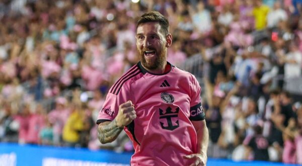 Inter Miami's Argentine forward #10 Lionel Messi celebrates after scoring the fourth goal during the Major League Soccer (MLS) football match between Inter Miami and New England Revolution at Chase Stadium in Fort Lauderdale, Florida, October 19, 2024.,Image: 923705499, License: Rights-managed, Restrictions: , Model Release: no, Credit line: Chris Arjoon / AFP / Profimedia