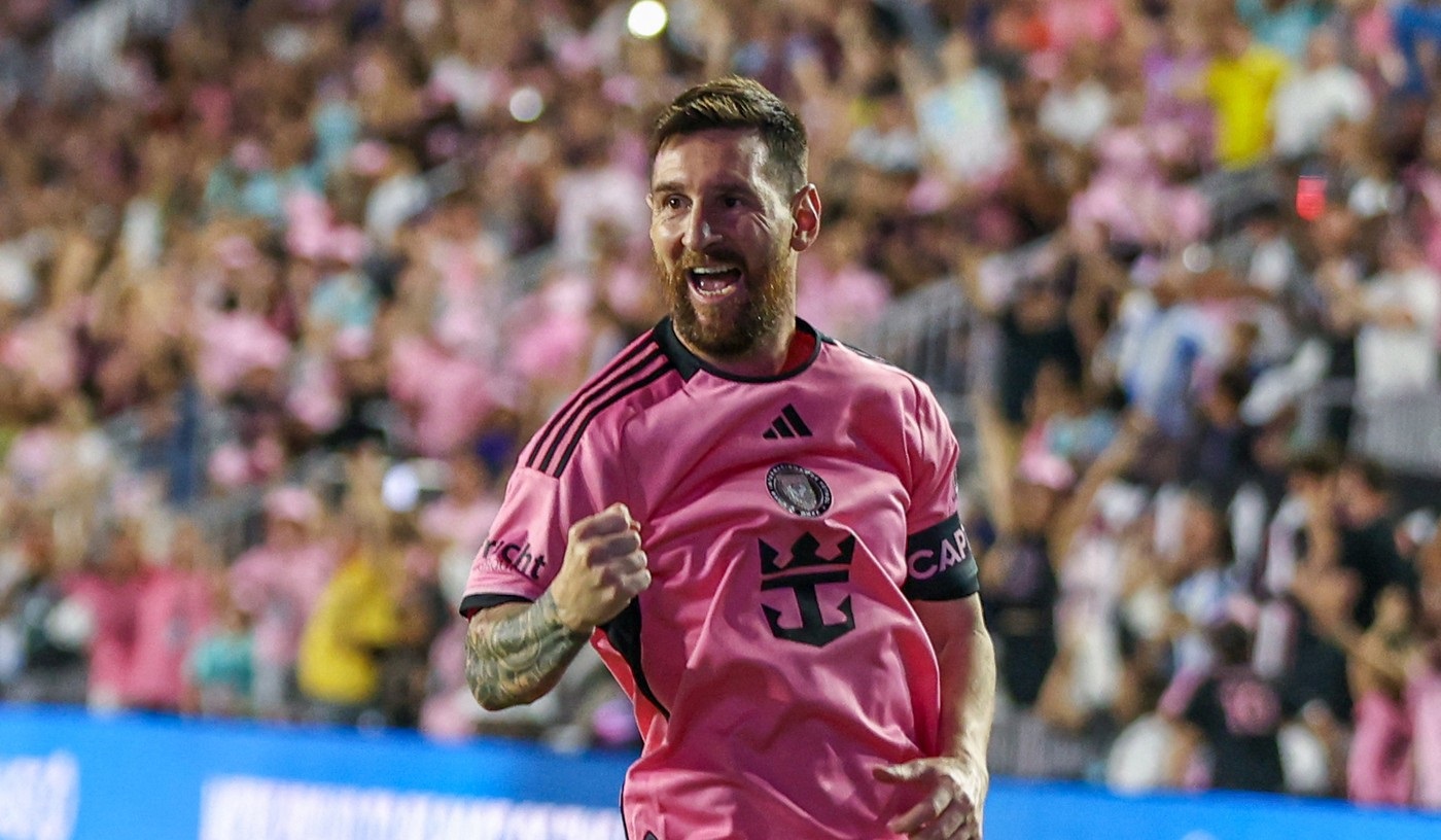 Inter Miami's Argentine forward #10 Lionel Messi celebrates after scoring the fourth goal during the Major League Soccer (MLS) football match between Inter Miami and New England Revolution at Chase Stadium in Fort Lauderdale, Florida, October 19, 2024.,Image: 923705499, License: Rights-managed, Restrictions: , Model Release: no, Credit line: Chris Arjoon / AFP / Profimedia