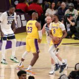 LOS ANGELES, CA - OCTOBER 22: Los Angeles Lakers forward LeBron James (23) sets a screen for Los Angeles Lakers guard Bronny James (9) during the Minnesota Timberwolves vs Los Angeles Lakers game on October 22, 2024, at Crypto.com Arena in Los Angeles, CA.,Image: 925294327, License: Rights-managed, Restrictions: FOR EDITORIAL USE ONLY. Icon Sportswire (A Division of XML Team Solutions) reserves the right to pursue unauthorized users of this image. If you violate our intellectual property you may be liable for: actual damages, loss of income, and profits you derive from the use of this image, and, where appropriate, the costs of collection and/or statutory damages up to $150,000 (USD)., Model Release: no, Credit line: Jevone Moore/Icon Sportswire / Newscom / Profimedia