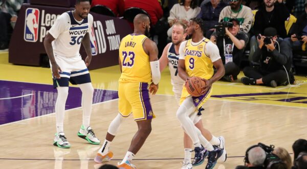 LOS ANGELES, CA - OCTOBER 22: Los Angeles Lakers forward LeBron James (23) sets a screen for Los Angeles Lakers guard Bronny James (9) during the Minnesota Timberwolves vs Los Angeles Lakers game on October 22, 2024, at Crypto.com Arena in Los Angeles, CA.,Image: 925294327, License: Rights-managed, Restrictions: FOR EDITORIAL USE ONLY. Icon Sportswire (A Division of XML Team Solutions) reserves the right to pursue unauthorized users of this image. If you violate our intellectual property you may be liable for: actual damages, loss of income, and profits you derive from the use of this image, and, where appropriate, the costs of collection and/or statutory damages up to $150,000 (USD)., Model Release: no, Credit line: Jevone Moore/Icon Sportswire / Newscom / Profimedia