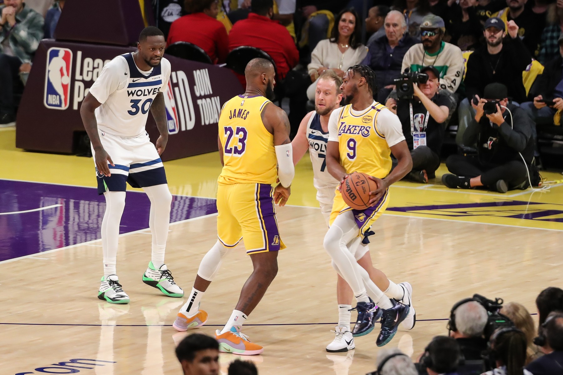 LOS ANGELES, CA - OCTOBER 22: Los Angeles Lakers forward LeBron James (23) sets a screen for Los Angeles Lakers guard Bronny James (9) during the Minnesota Timberwolves vs Los Angeles Lakers game on October 22, 2024, at Crypto.com Arena in Los Angeles, CA.,Image: 925294327, License: Rights-managed, Restrictions: FOR EDITORIAL USE ONLY. Icon Sportswire (A Division of XML Team Solutions) reserves the right to pursue unauthorized users of this image. If you violate our intellectual property you may be liable for: actual damages, loss of income, and profits you derive from the use of this image, and, where appropriate, the costs of collection and/or statutory damages up to $150,000 (USD)., Model Release: no, Credit line: Jevone Moore/Icon Sportswire / Newscom / Profimedia