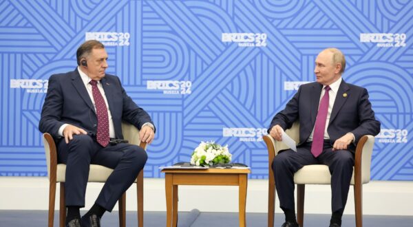 RUSSIA, REPUBLIC OF TATARSTAN - OCTOBER 25, 2024: Milorad Dodik, President of Republika Srpska, and his Russian counterpart Vladimir Putin hold a meeting on the sidelines of the 2024 BRICS Summit at the Kazan Expo International Exhibition Centre in Bolshiye Kabany, southeast of Kazan. Alexander Kazakov/Russian Presidential Press and Information Office/TASS,Image: 926089157, License: Rights-managed, Restrictions: , Model Release: no, Credit line: Alexander Kazakov / TASS / Profimedia