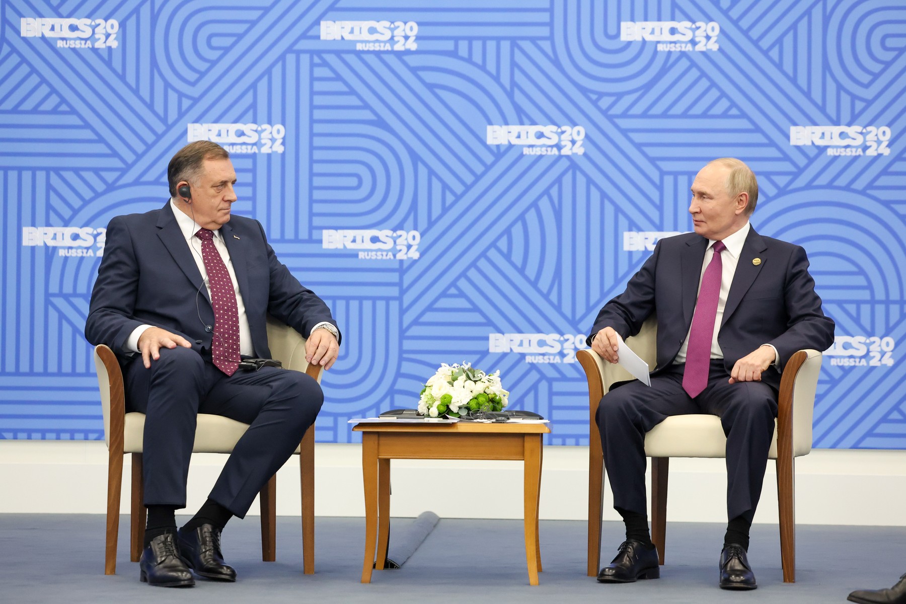 RUSSIA, REPUBLIC OF TATARSTAN - OCTOBER 25, 2024: Milorad Dodik, President of Republika Srpska, and his Russian counterpart Vladimir Putin hold a meeting on the sidelines of the 2024 BRICS Summit at the Kazan Expo International Exhibition Centre in Bolshiye Kabany, southeast of Kazan. Alexander Kazakov/Russian Presidential Press and Information Office/TASS,Image: 926089157, License: Rights-managed, Restrictions: , Model Release: no, Credit line: Alexander Kazakov / TASS / Profimedia