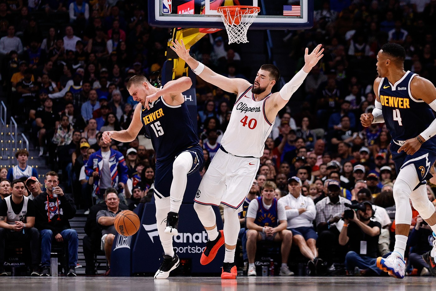 Oct 26, 2024; Denver, Colorado, USA; Los Angeles Clippers center Ivica Zubac (40) collides with Denver Nuggets center Nikola Jokic (15) in the fourth quarter at Ball Arena.,Image: 926887466, License: Rights-managed, Restrictions: *** Worldwide Rights Except Baltics, China, Denmark, Finland, Germany, Hong Kong, Japan, Macau, Norway, Poland, South Korea, Sweden, and Taiwan *** No sales outside your territory. No 3rd parties. No redistribution ***, Model Release: no, Credit line: Imagn Images / ddp USA / Profimedia