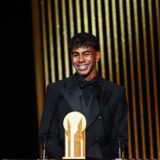 Barcelona's Spanish forward Lamine Yamal receives the Kopa Trophy for best under-21 player during the 2024 Ballon d'Or France Football award ceremony at the Theatre du Chatelet in Paris on October 28, 2024.,Image: 927512734, License: Rights-managed, Restrictions: , Model Release: no, Credit line: FRANCK FIFE / AFP / Profimedia