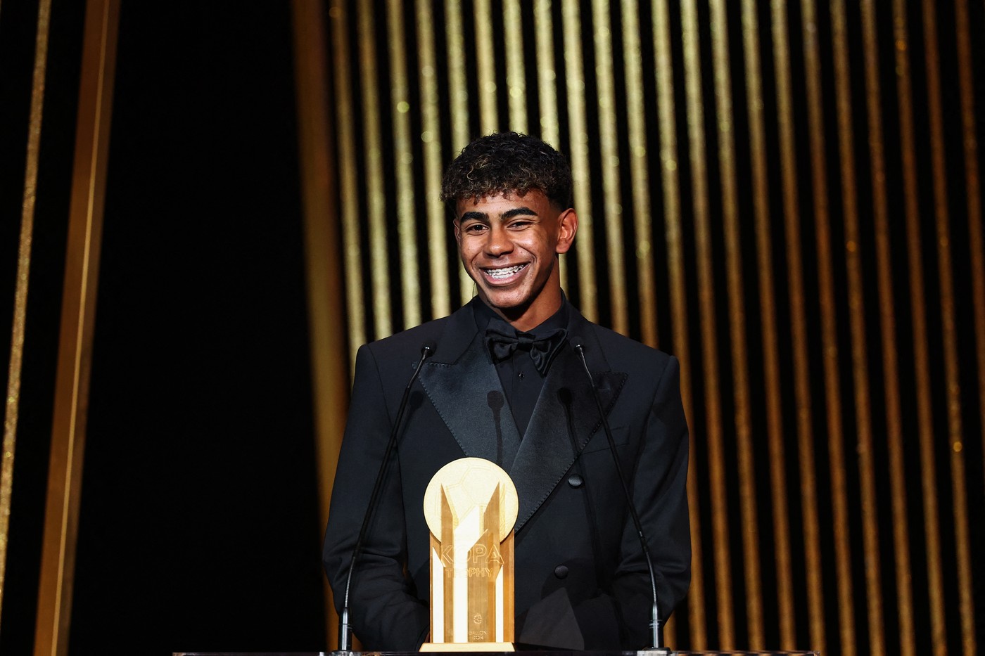 Barcelona's Spanish forward Lamine Yamal receives the Kopa Trophy for best under-21 player during the 2024 Ballon d'Or France Football award ceremony at the Theatre du Chatelet in Paris on October 28, 2024.,Image: 927512734, License: Rights-managed, Restrictions: , Model Release: no, Credit line: FRANCK FIFE / AFP / Profimedia