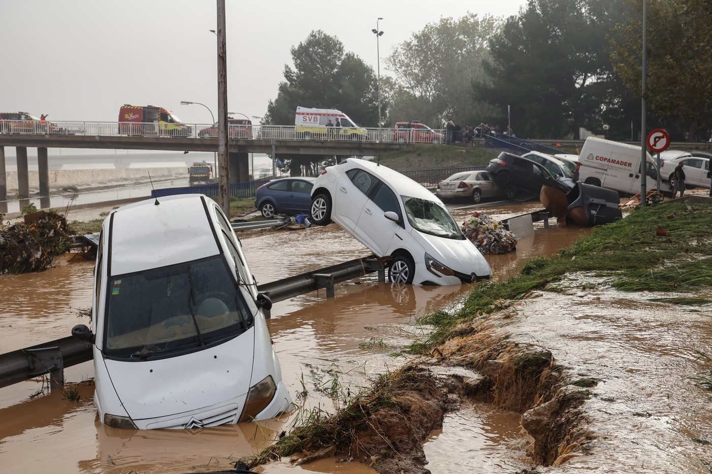 Vehicles in the vicinity of the V-30 after the passage of the DANA and the rise of the Turia riverbed, on October 30, 2024, in Valencia, Valencian Community (Spain). The Comunitat Valenciana has registered the "most adverse" cold drop of the century in the region. The Generalitat has activated the procedure of multiple victims for "prevention of what may come", after the first balance points to 51 fatalities as a result of the storm. At this moment, there are still people waiting to be rescued and points without telephone coverage and without electricity.
OCTOBER 30;2024

10/30/2024,Image: 928211010, License: Rights-managed, Restrictions: , Model Release: no, Credit line: Rober Solsona / ContactoPhoto / Profimedia