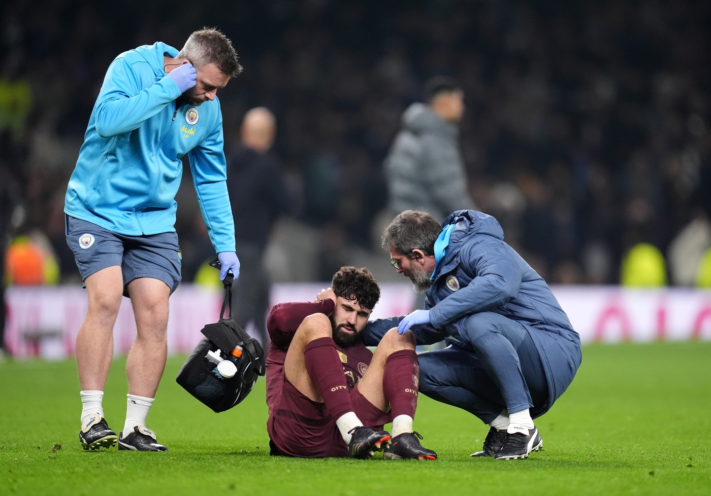 Manchester City's Josko Gvardiol receives treatment after the final whistle after the Carabao Cup fourth round match at Tottenham Hotspur Stadium, London. Picture date: Wednesday October 30, 2024.,Image: 928402546, License: Rights-managed, Restrictions: EDITORIAL USE ONLY No use with unauthorised audio, video, data, fixture lists, club/league logos or "live" services. Online in-match use limited to 120 images, no video emulation. No use in betting, games or single club/league/player publications., Model Release: no, Credit line: John Walton / PA Images / Profimedia