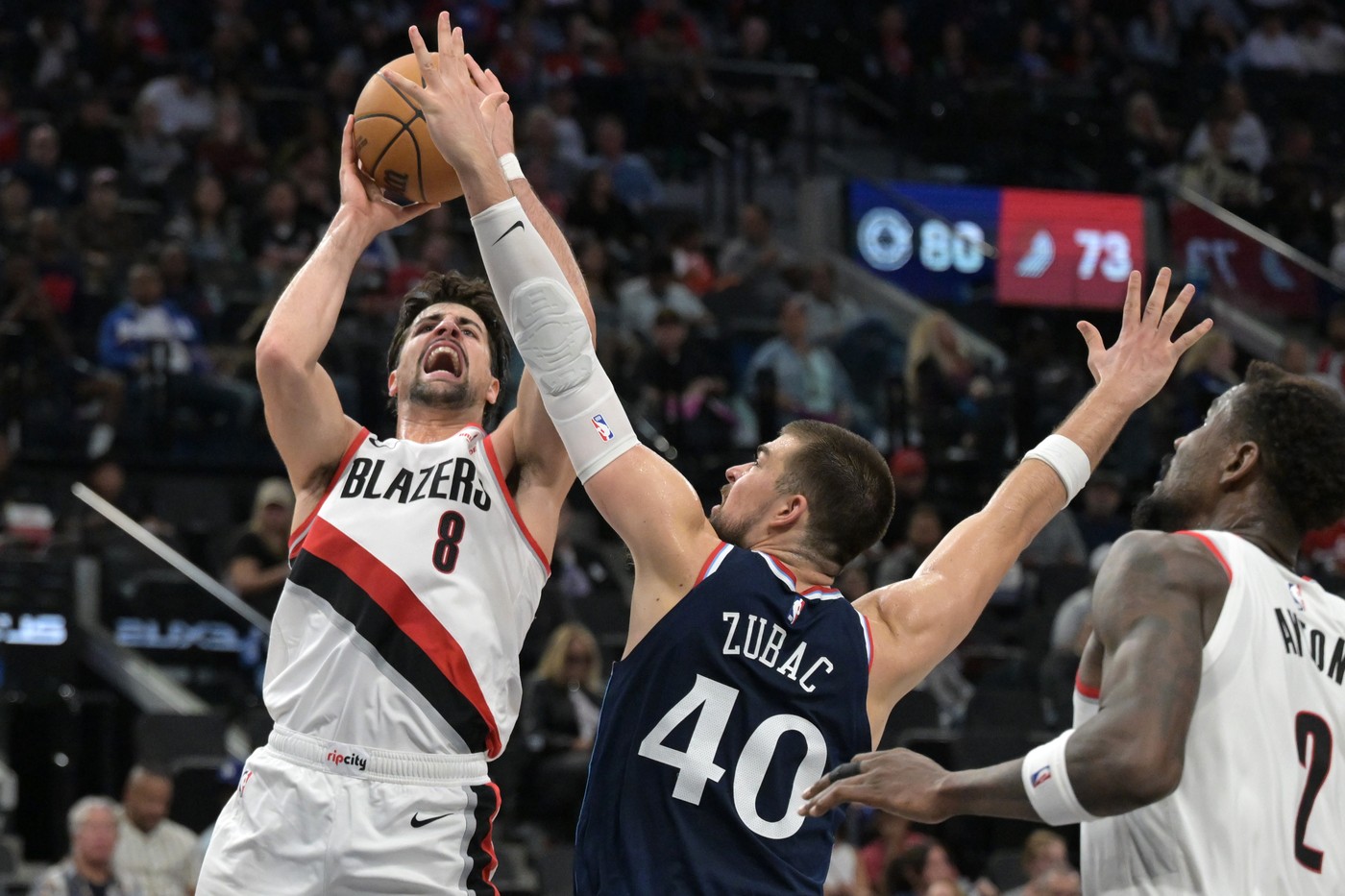 Oct 30, 2024; Inglewood, California, USA;  Los Angeles Clippers center Ivica Zubac (40) defends Portland Trail Blazers forward Deni Avdija (8) in the second half at Intuit Dome.,Image: 928544961, License: Rights-managed, Restrictions: *** Worldwide Rights Except Baltics, China, Denmark, Finland, Germany, Hong Kong, Japan, Macau, Norway, Poland, South Korea, Sweden, and Taiwan *** No sales outside your territory. No 3rd parties. No redistribution ***, Model Release: no, Credit line: Imagn Images / ddp USA / Profimedia